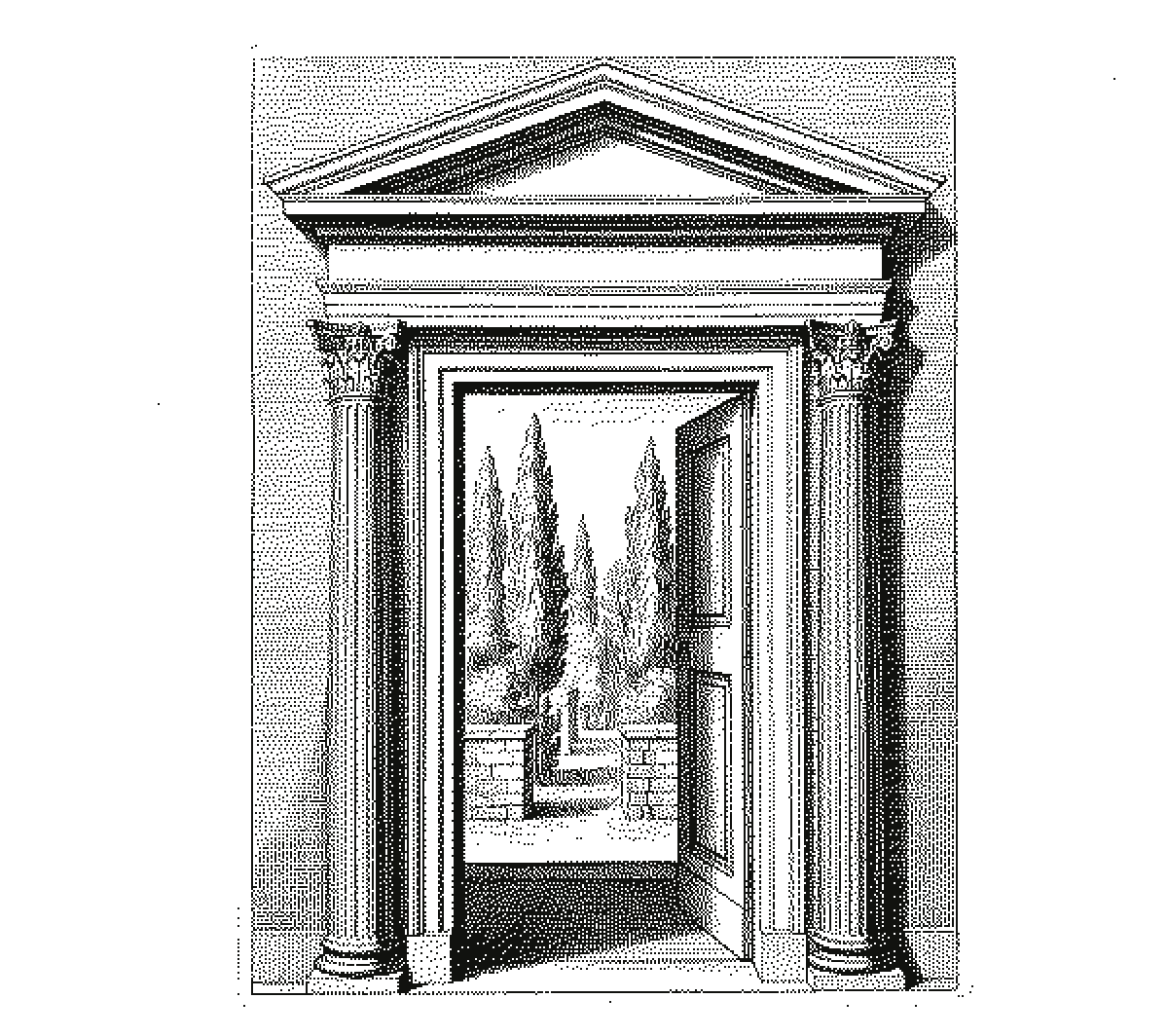 Engraving of a pedimented stone doorway with a garden glimpsed through it